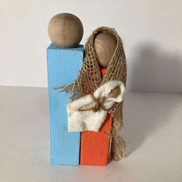 Handmade Rustic Wood Block Nativity Joseph Mary Jesus Blue Orange #1 - Picture 1 of 7